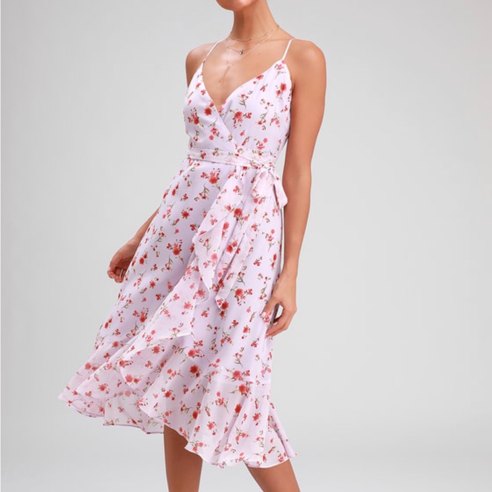 Lulus Doreen Lavender Floral Print Ruffle Midi Dress